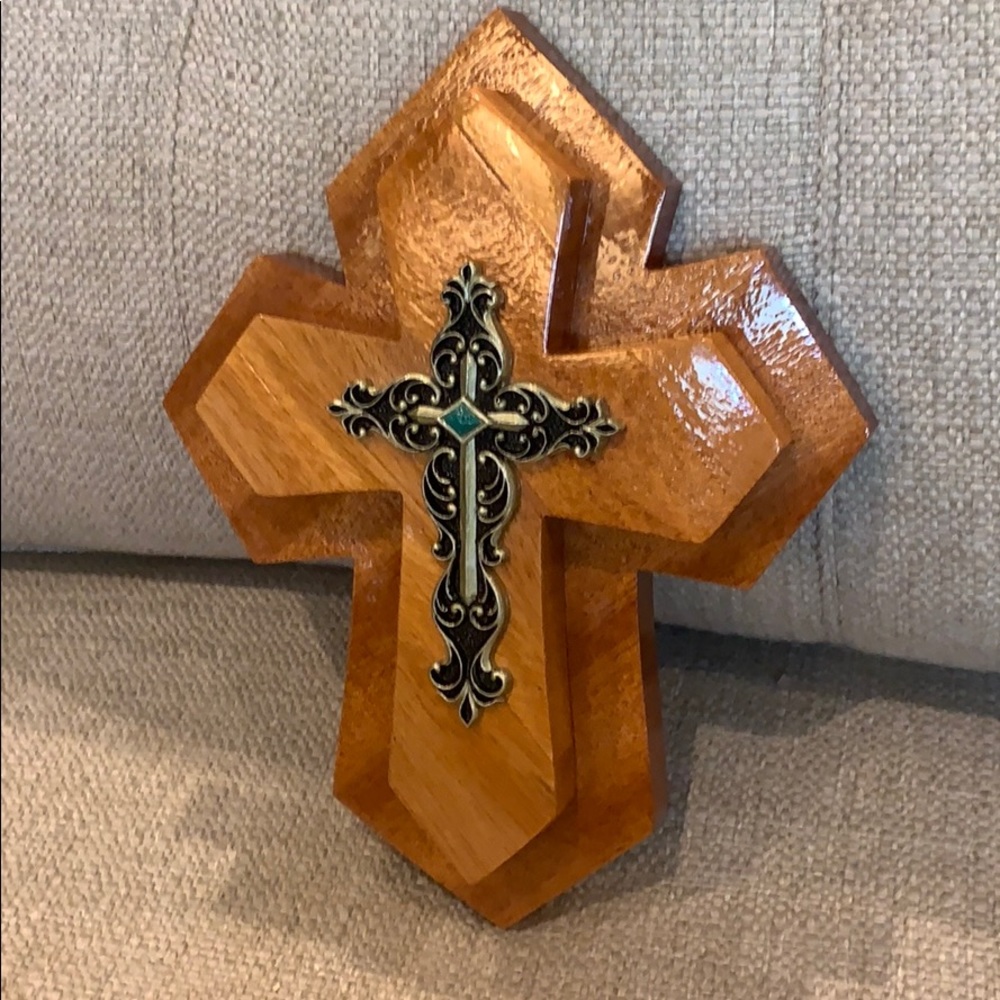10.5” Handmade Wood Double Cross Black Turquoise